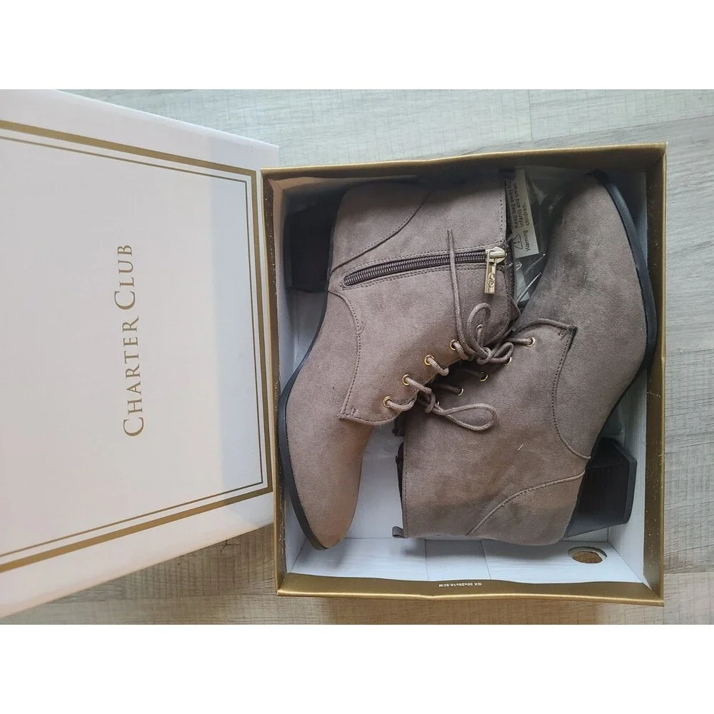 New Charter Club Boots Womens 9.5 M Carlee Lace Up Ankle Bootie Brown Heels